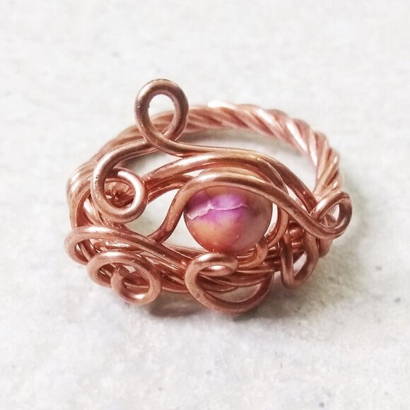 Unique & Eclectic! Wire Wrapped Copper Ring + Sea Sediment Jasper Bead - Sz 6.5! - Picture 1 of 6